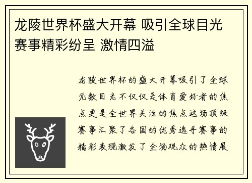 龙陵世界杯盛大开幕 吸引全球目光 赛事精彩纷呈 激情四溢